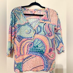 Lilly Pulitzer Elsa‎ Top Tile Wave Egret Henley Linen Size Small Women